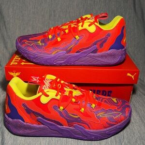 Puma MB.03 Lo Lava basketball shoes in a purple glimmer and red blast US 10.5